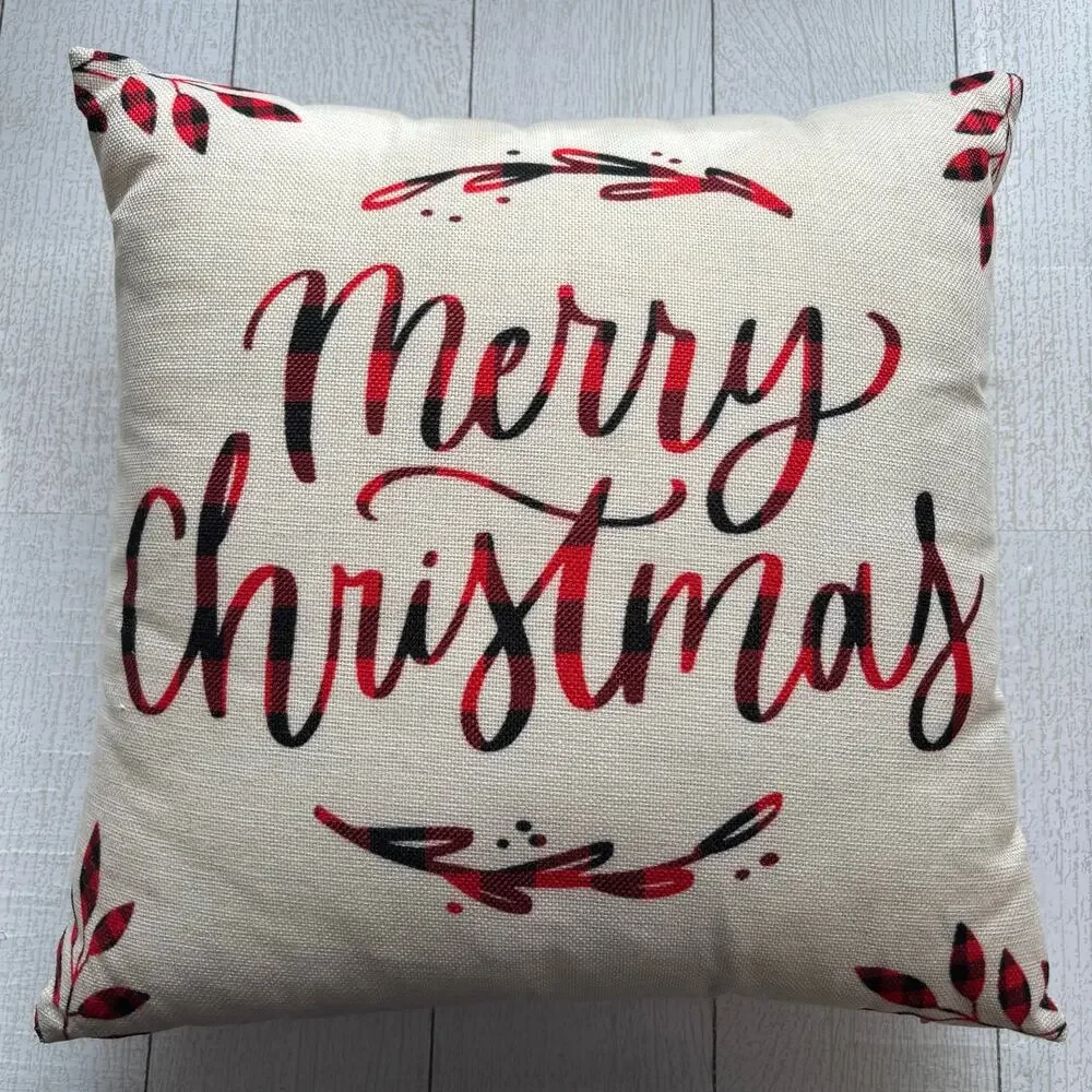Merry Christmas Red Black Plaid Script Throw Pillow